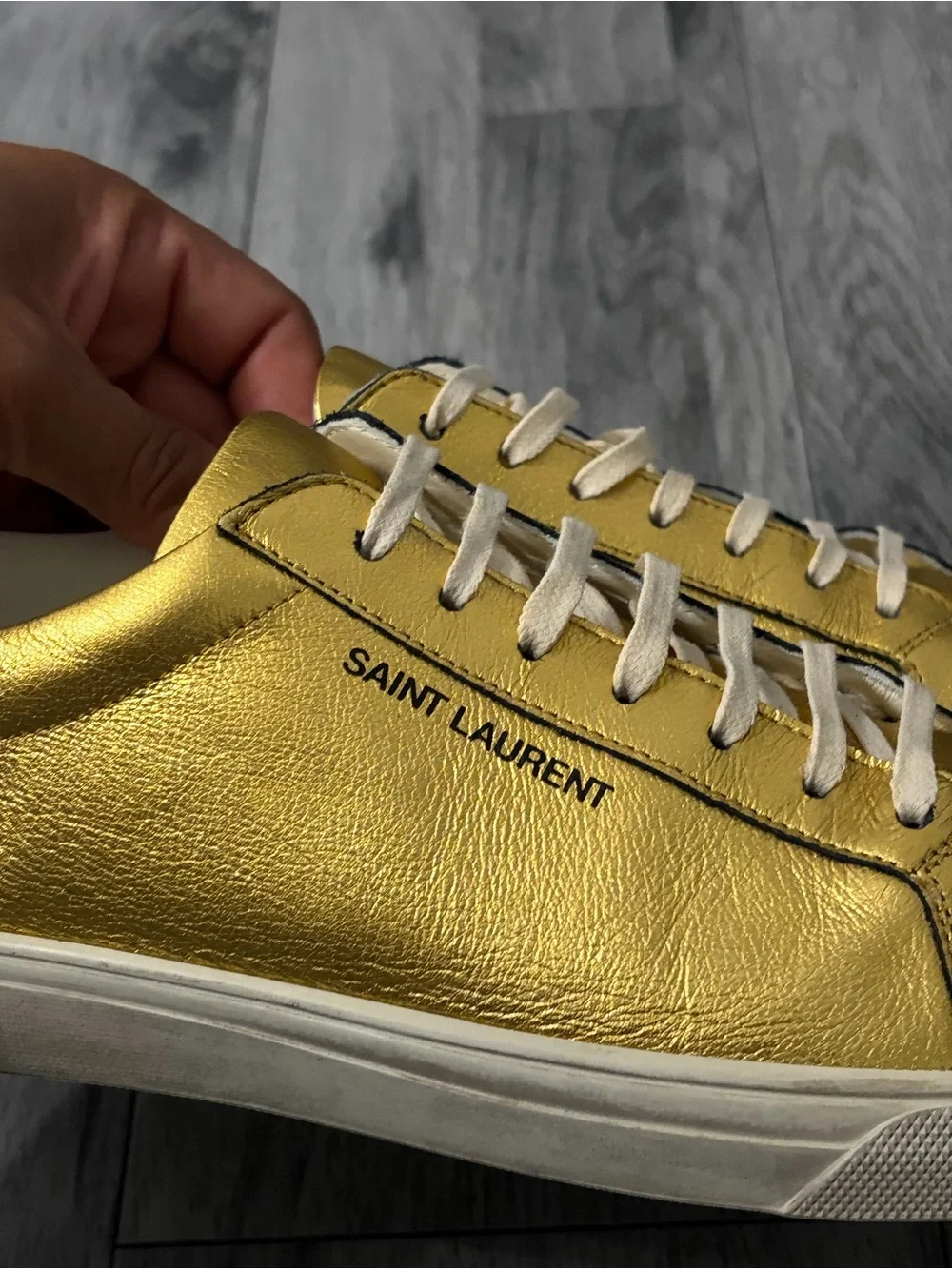 Saint Laurent Andy Metallic Gold Low-Top Sneakers with White Laces